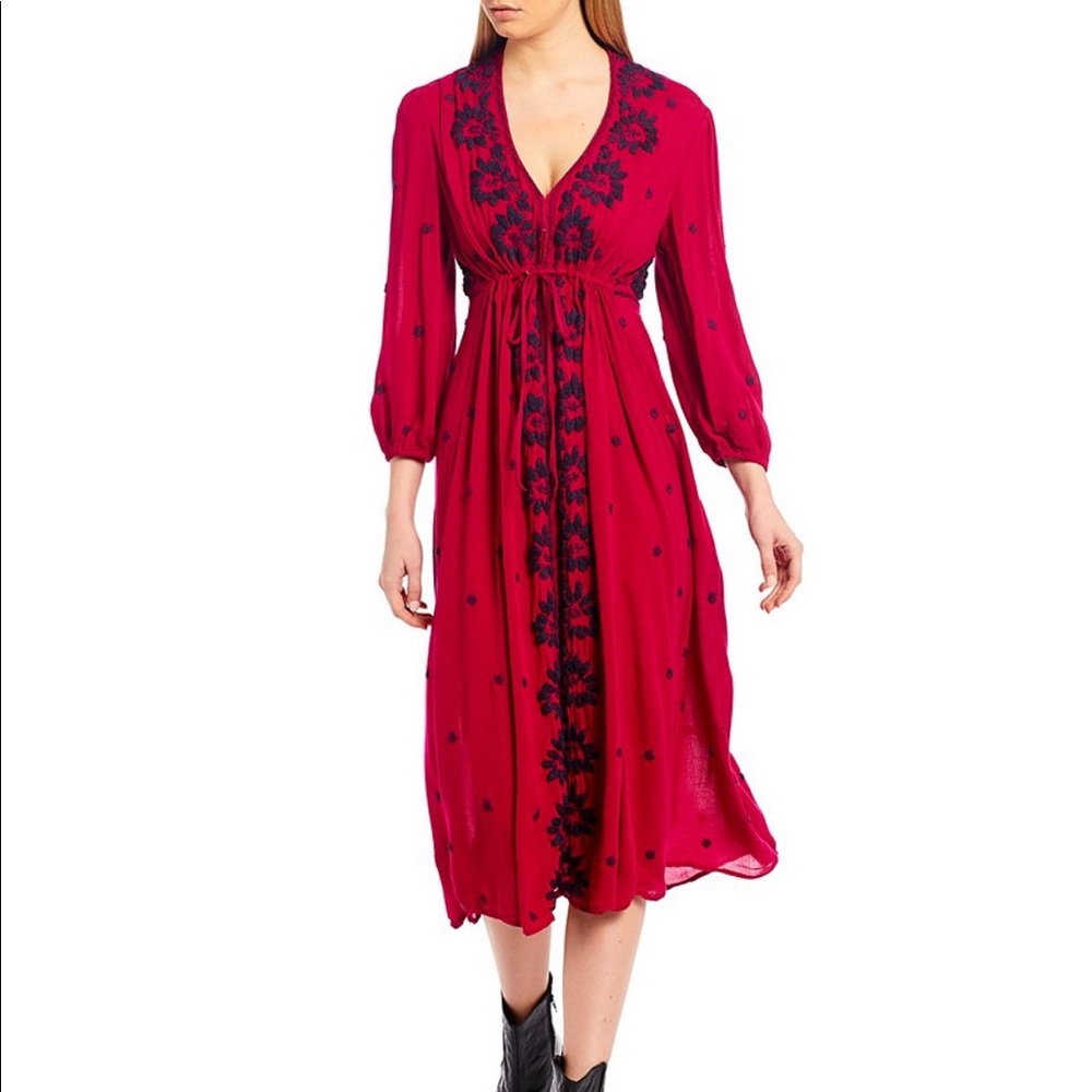 Free People Red Midi Dress with Black Embroidery
